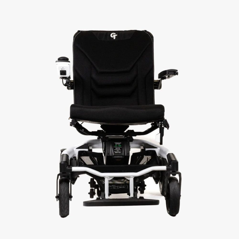 Front View of Travel Buggy Grand Tourer GT Power Wheelchair with Premium Memory Foam Seat and Integrated Loading Wheels – Lightweight Travel Power Chair Canada | Care Made