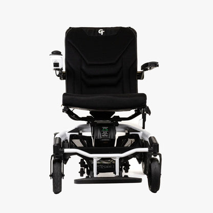 Front View of Travel Buggy Grand Tourer GT Power Wheelchair with Premium Memory Foam Seat and Integrated Loading Wheels – Lightweight Travel Power Chair Canada | CareMade
