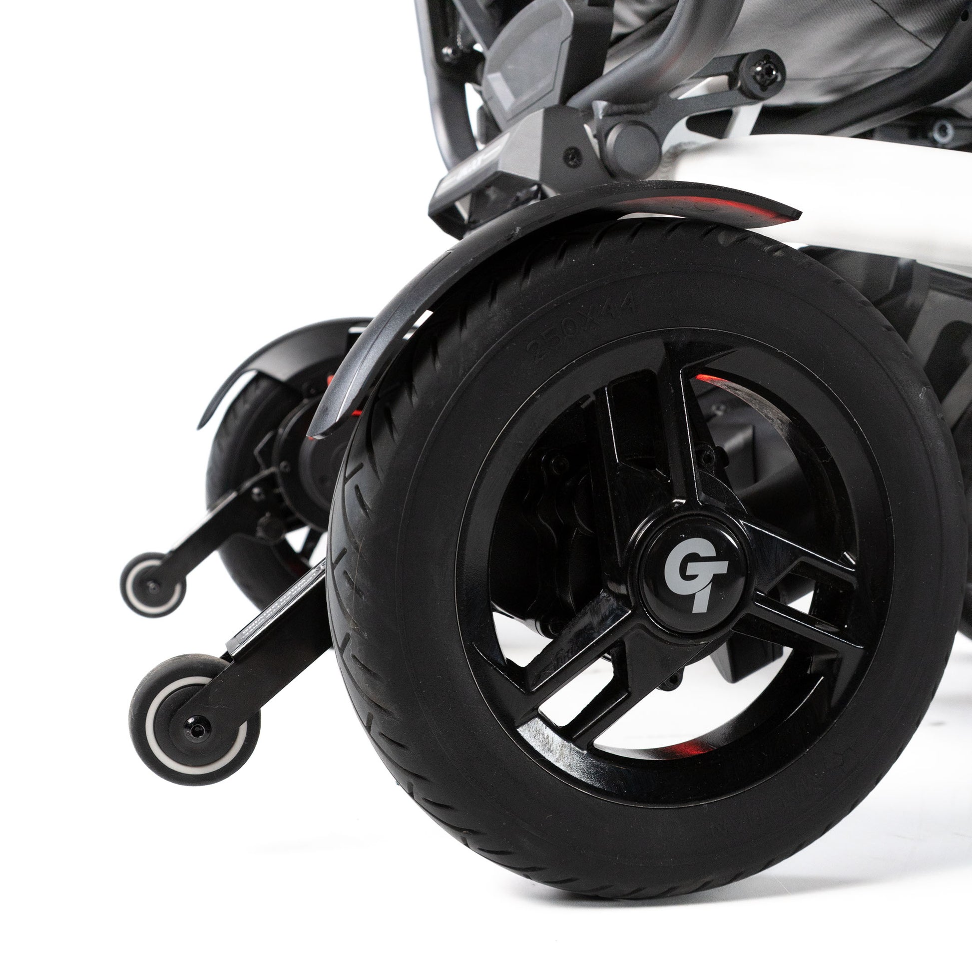 Travel Buggy Grand Tourer GT rear wheel and anti-tip wheel close-up