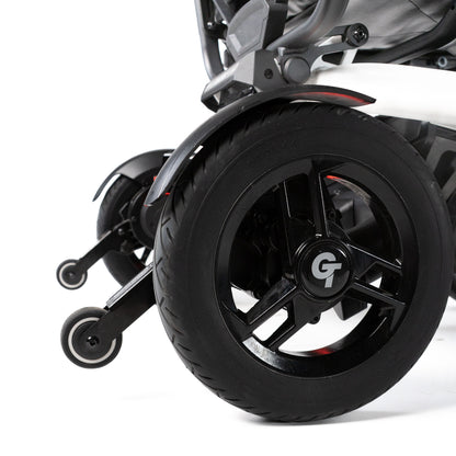 Travel Buggy Grand Tourer GT rear wheel and anti-tip wheel close-up