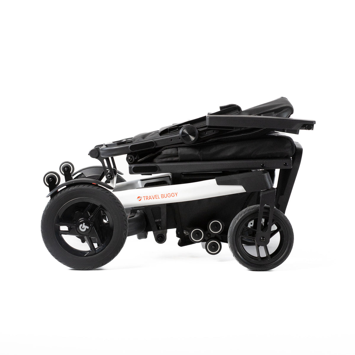 White Travel Buggy Grand Tourer GT power wheelchair folded flat, right side view on a white background