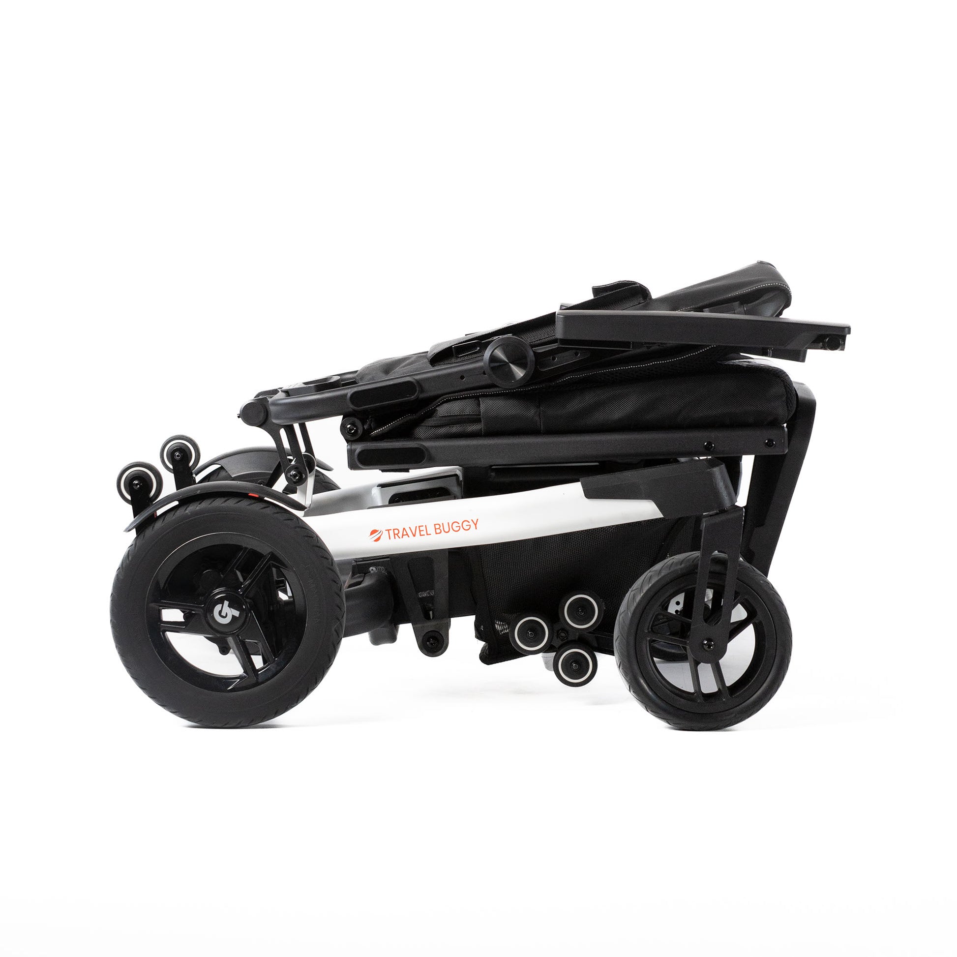 White Travel Buggy Grand Tourer GT power wheelchair folded flat, right side view on a white background