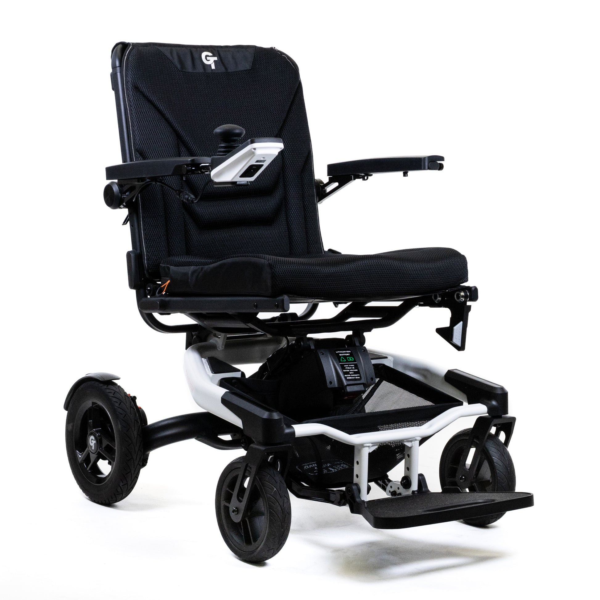 White Travel Buggy Grand Tourer GT folding power wheelchair, front right view on a white background