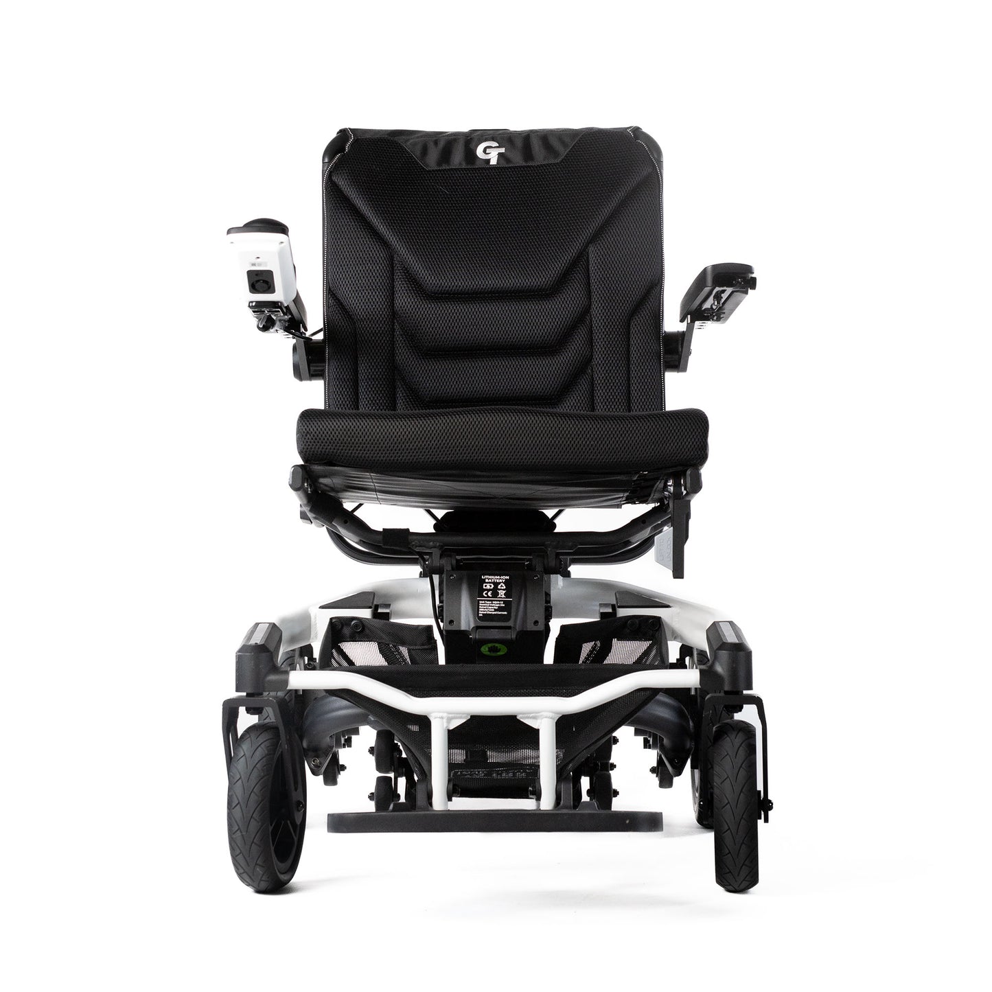 White Travel Buggy Grand Tourer GT power wheelchair, straight front view on a white background