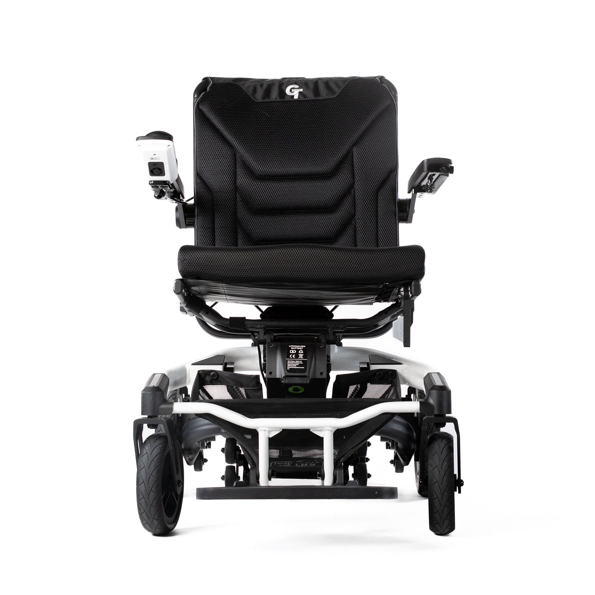 White Travel Buggy Grand Tourer GT power wheelchair, straight front view on a white background