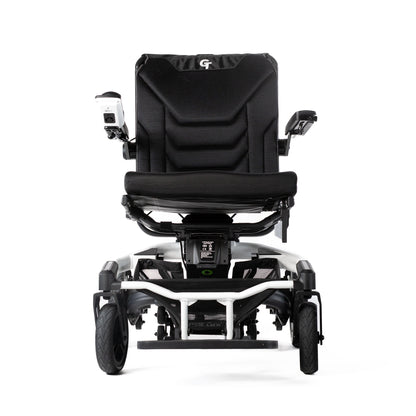 White Travel Buggy Grand Tourer GT power wheelchair, straight front view on a white background