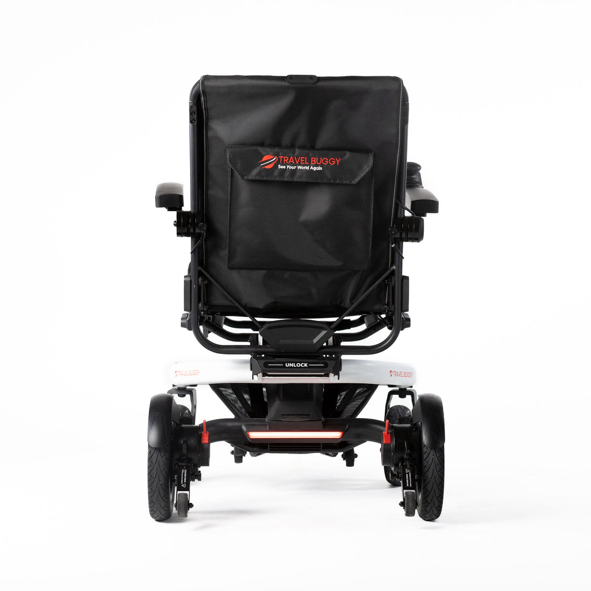 White Travel Buggy Grand Tourer GT power wheelchair, rear view showing the backrest pocket and rear light