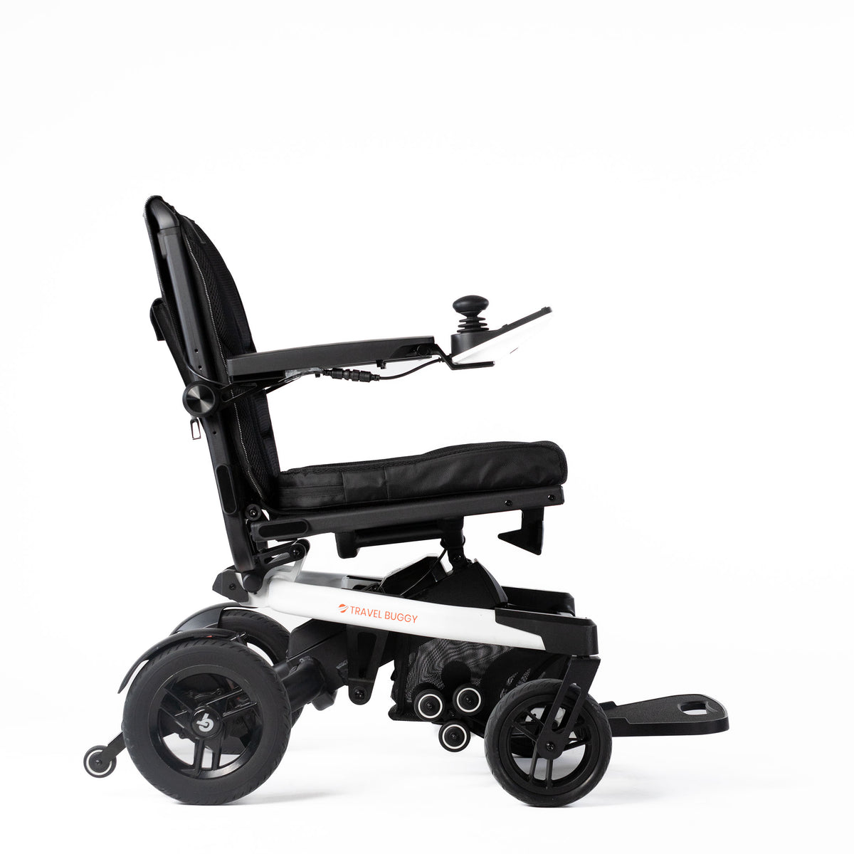 White Travel Buggy Grand Tourer GT power wheelchair, right side view on a white background