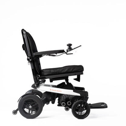 White Travel Buggy Grand Tourer GT power wheelchair, right side view on a white background