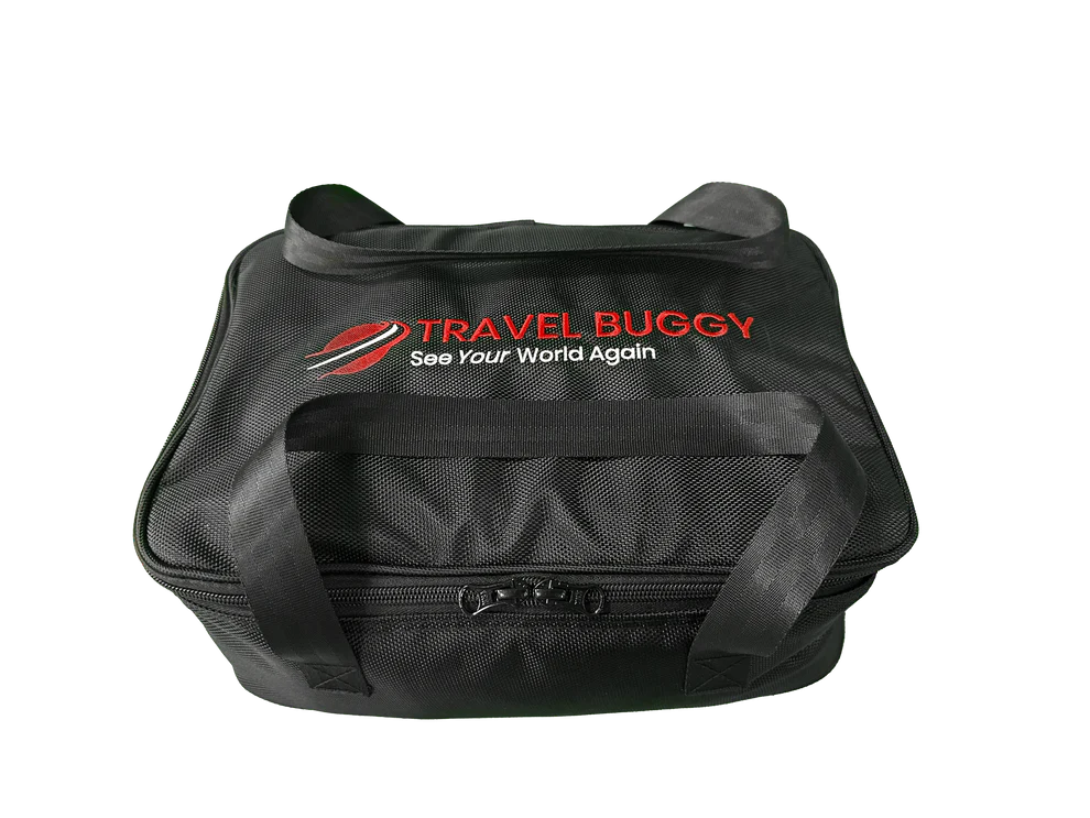 Black Travel Buggy GT dual-compartment carry-on bag designed for securely protecting the battery and joystick during travel.