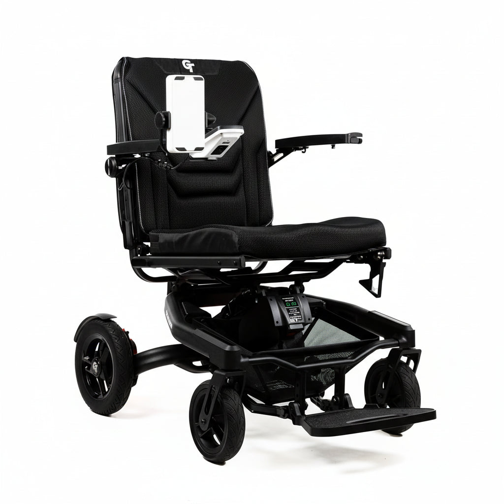 Angled view of the Travel Buggy GT power chair highlighting the comfortable seating and intuitive joystick placement.