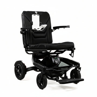 Angled view of the Travel Buggy GT power chair highlighting the comfortable seating and intuitive joystick placement.