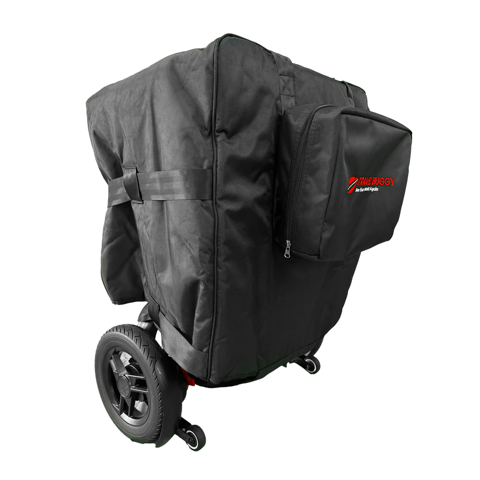Angled view of the Travel Buggy GT power wheelchair fully enclosed in the heavy-duty protective travel bag.