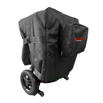 Angled view of the Travel Buggy GT power wheelchair fully enclosed in the heavy-duty protective travel bag.
