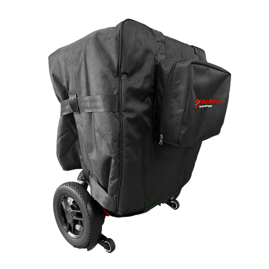 Angled view of the Travel Buggy GT power wheelchair fully enclosed in the heavy-duty protective travel bag.