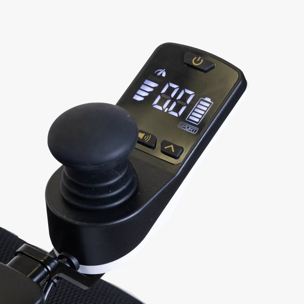 Detailed view of the smart joystick controller with digital display for the Grand Tourer GT power wheelchair.