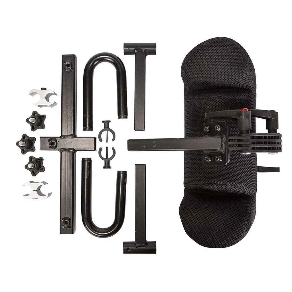 Flat layout of the unassembled Travel Buggy headrest components including the support cushion, brackets, and hardware.