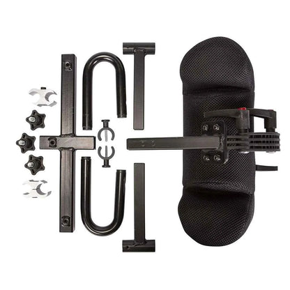 Flat layout of the unassembled Travel Buggy headrest components including the support cushion, brackets, and hardware.