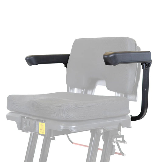 Grey mobility scooter seat featuring the black Travel Buggy Helix adjustable armrests with flip-up and width extension capabilities.