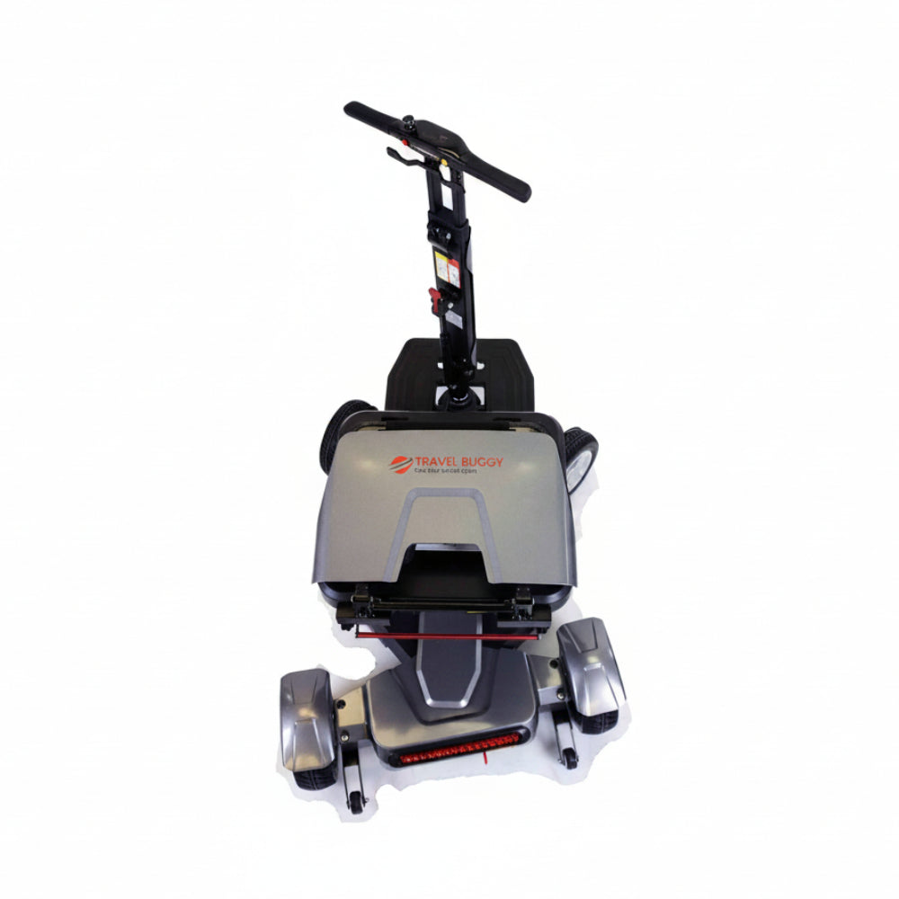 Travel Buggy HELIX mobility scooter folded and standing upright on its end, Care Made