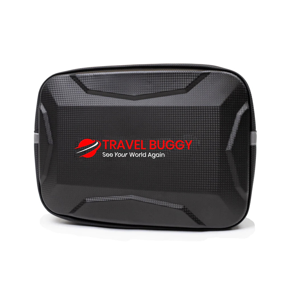 Black Travel Buggy Helix hard-shell seat back bag designed for secure, all-weather mobility scooter storage.