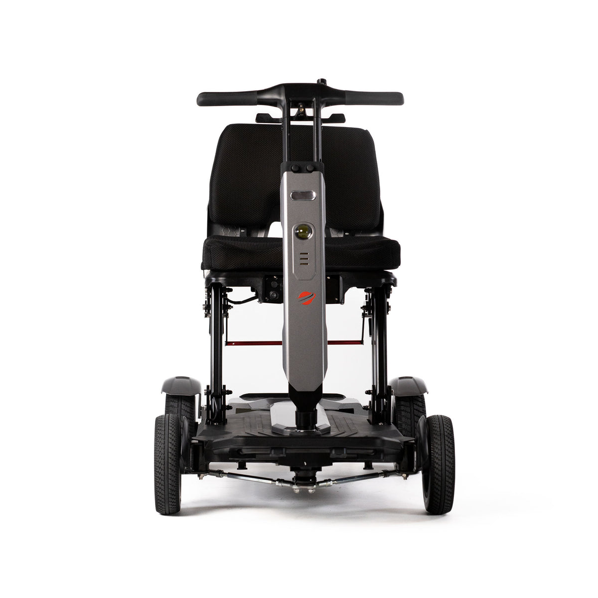 Travel Buggy HELIX foldable mobility scooter seen head on, showing its 24 inch width, Care Made