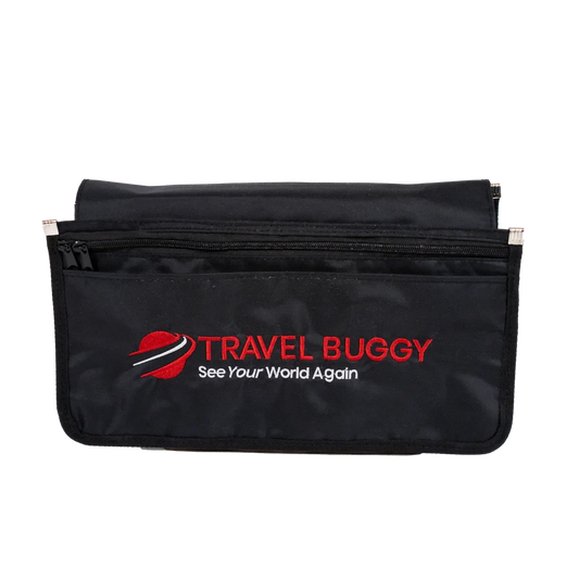 Front view of the Travel Buggy Multi-Pocket Armrest Organizer featuring the red logo on durable black fabric.