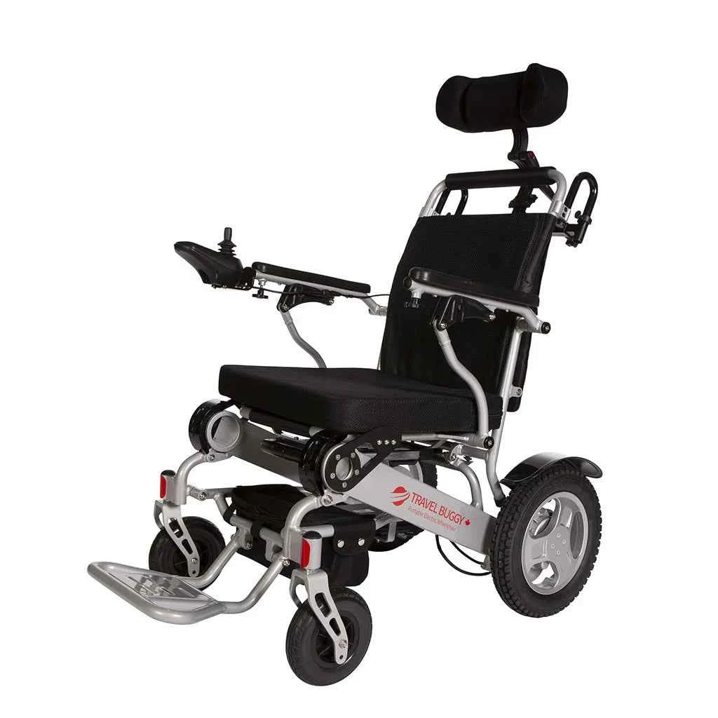 Travel Buggy power wheelchair fully equipped with the adjustable contoured headrest accessory for enhanced neck support.