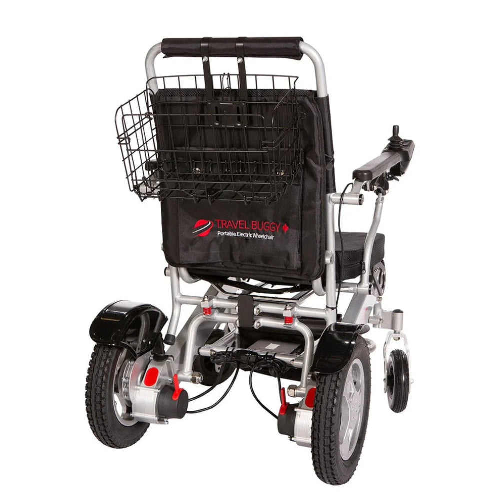 Travel Buggy detachable steel shopping basket securely mounted to the back of a power wheelchair for convenient storage.
