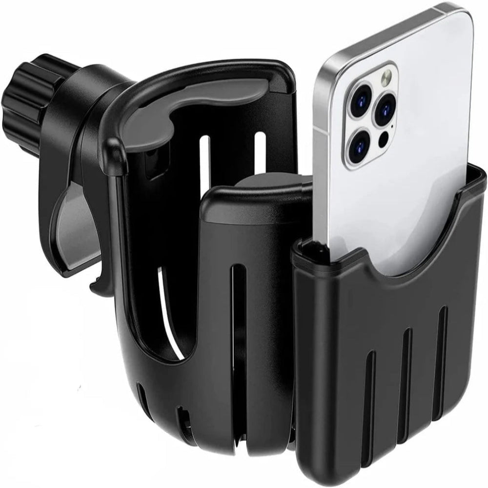 Black Travel Buggy Vista 2-in-1 cup and phone holder featuring a secure integrated smartphone slot.