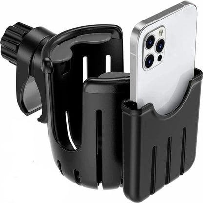 Black Travel Buggy Vista 2-in-1 cup and phone holder featuring a secure integrated smartphone slot.
