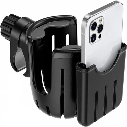 Black Travel Buggy Vista 2-in-1 cup and phone holder featuring a secure integrated smartphone slot.