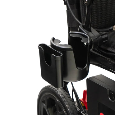 Travel Buggy Vista 2-in-1 cup and phone holder securely mounted to the front frame of an electric wheelchair.