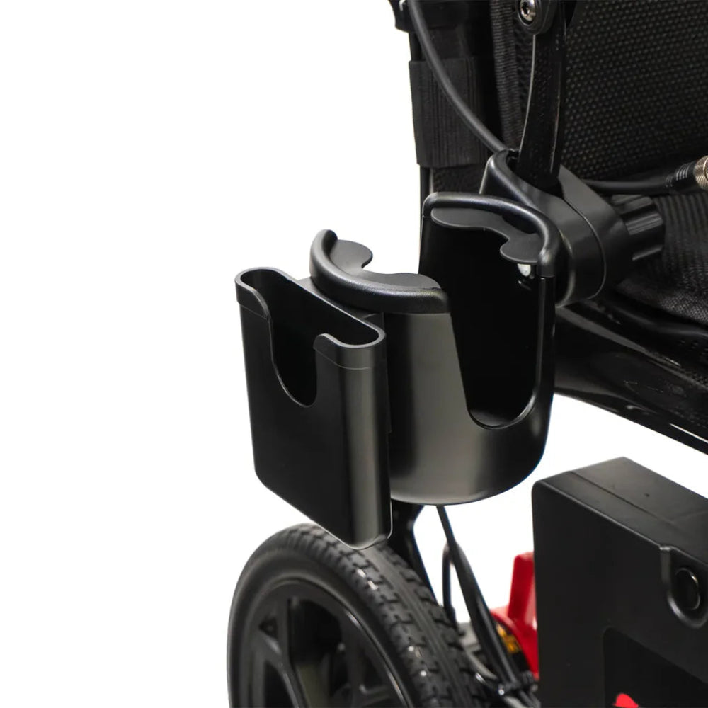 Travel Buggy Vista 2-in-1 cup and phone holder securely mounted to the front frame of an electric wheelchair.