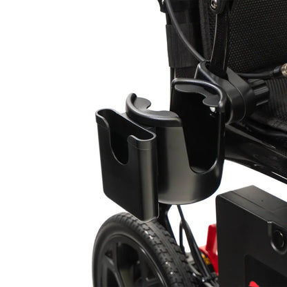 Travel Buggy Vista 2-in-1 cup and phone holder securely mounted to the front frame of an electric wheelchair.