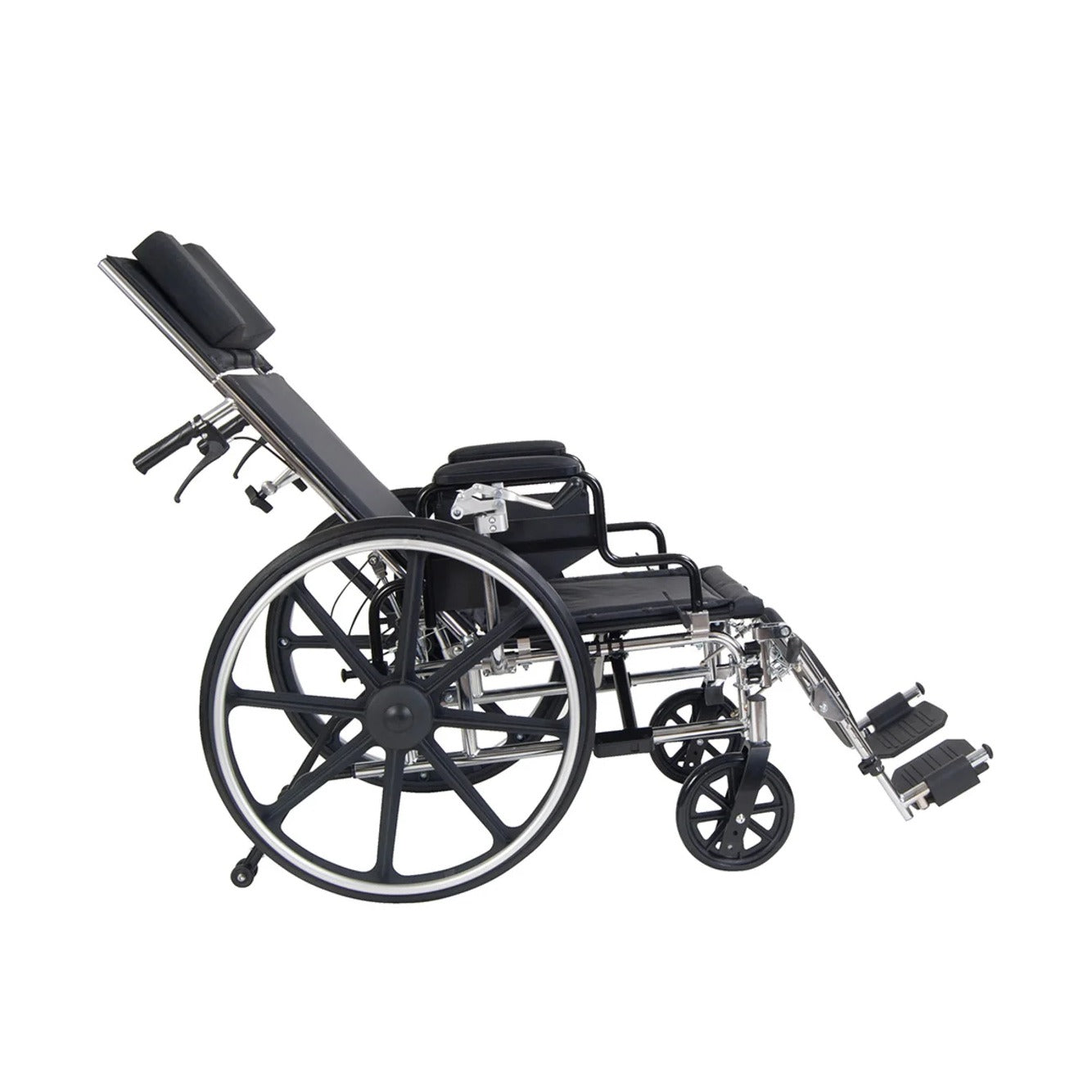 Drive Medical Viper Plus reclining wheelchair partly reclined with leg rests raised, side view