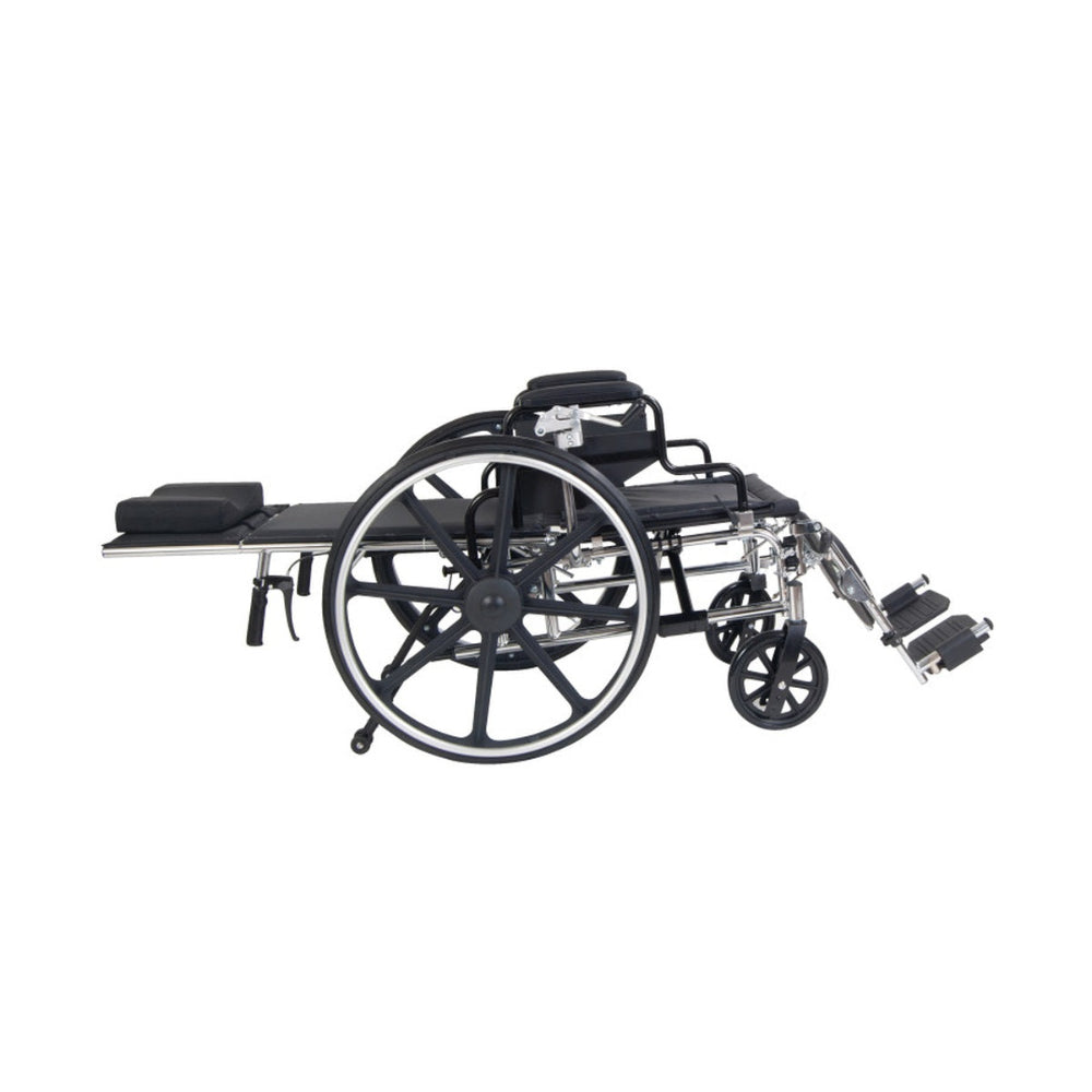 Black wheelchair with folded legs on a white background