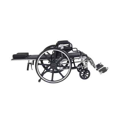 Black wheelchair with folded legs on a white background