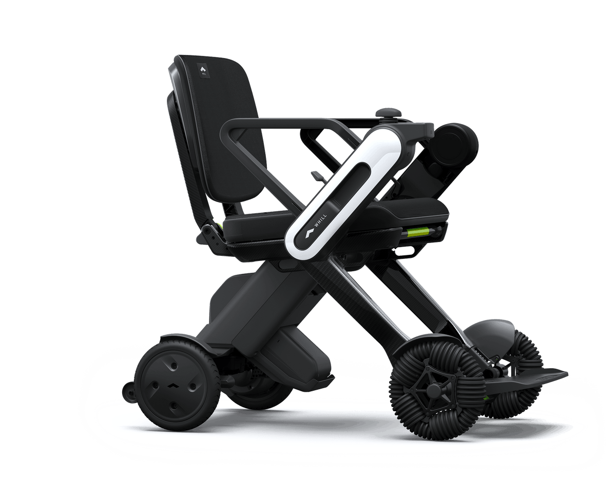 WHILL Model C Lite carbon power wheelchair, studio side view