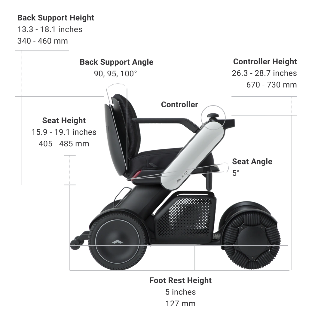 WHILL Model C2 power wheelchair dimensions diagram