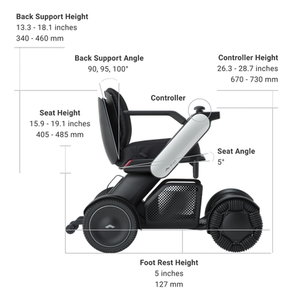 WHILL Model C2 power wheelchair dimensions diagram