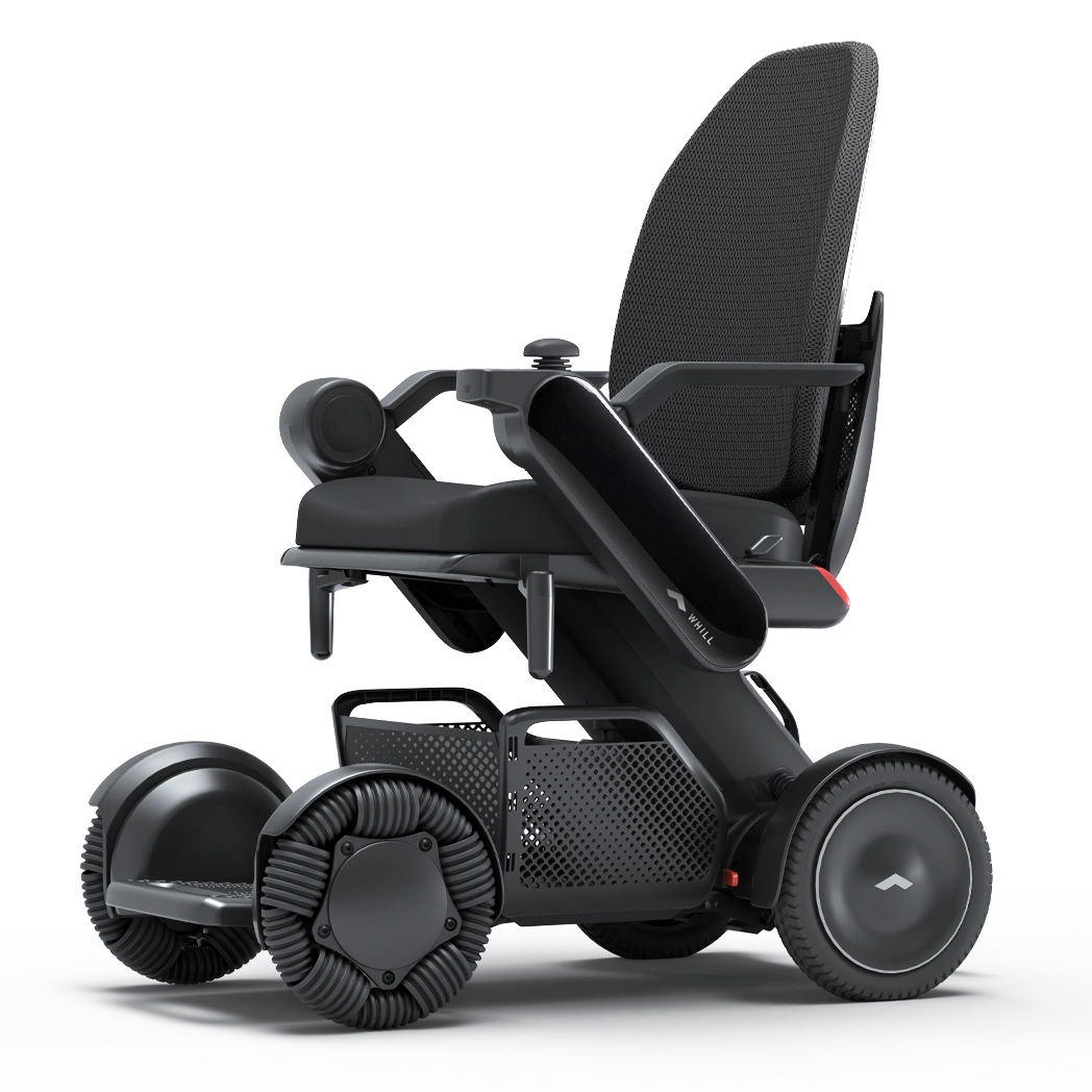 WHILL Model C2 High Back power wheelchair with black arm covers, studio view