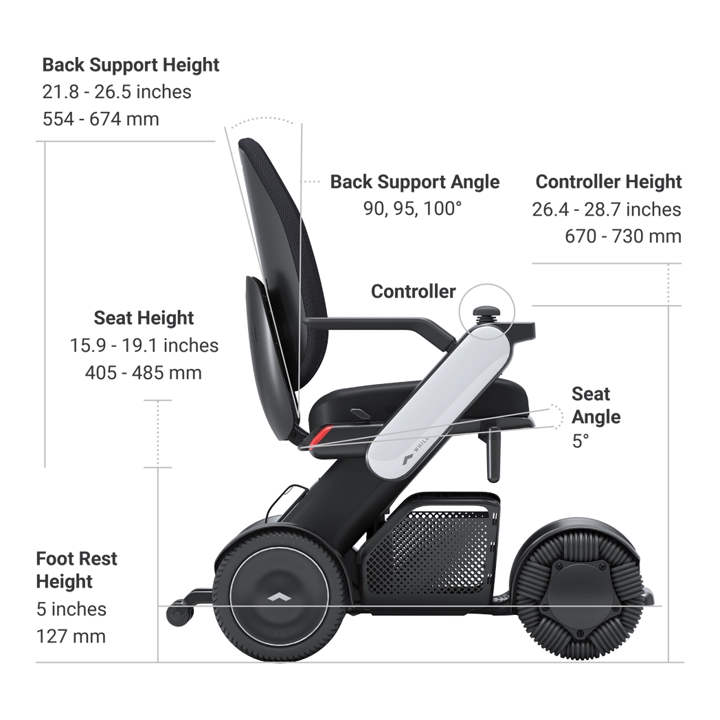 WHILL Model C2 High Back seat and backrest dimensions diagram