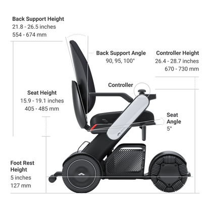 WHILL Model C2 High Back seat and backrest dimensions diagram
