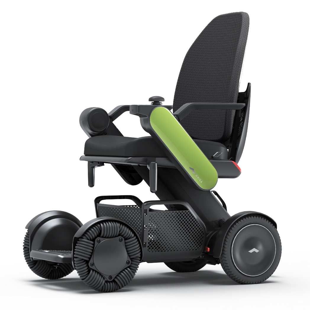WHILL Model C2 High Back power wheelchair with light green arm covers, studio view