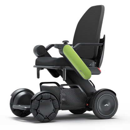 WHILL Model C2 High Back power wheelchair with light green arm covers, studio view