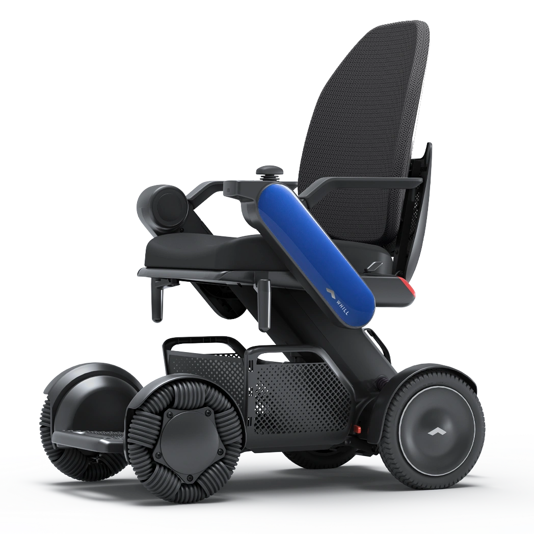 WHILL Model C2 High Back power wheelchair with blue arm covers, studio view