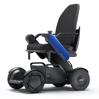 WHILL Model C2 High Back power wheelchair with blue arm covers, studio view