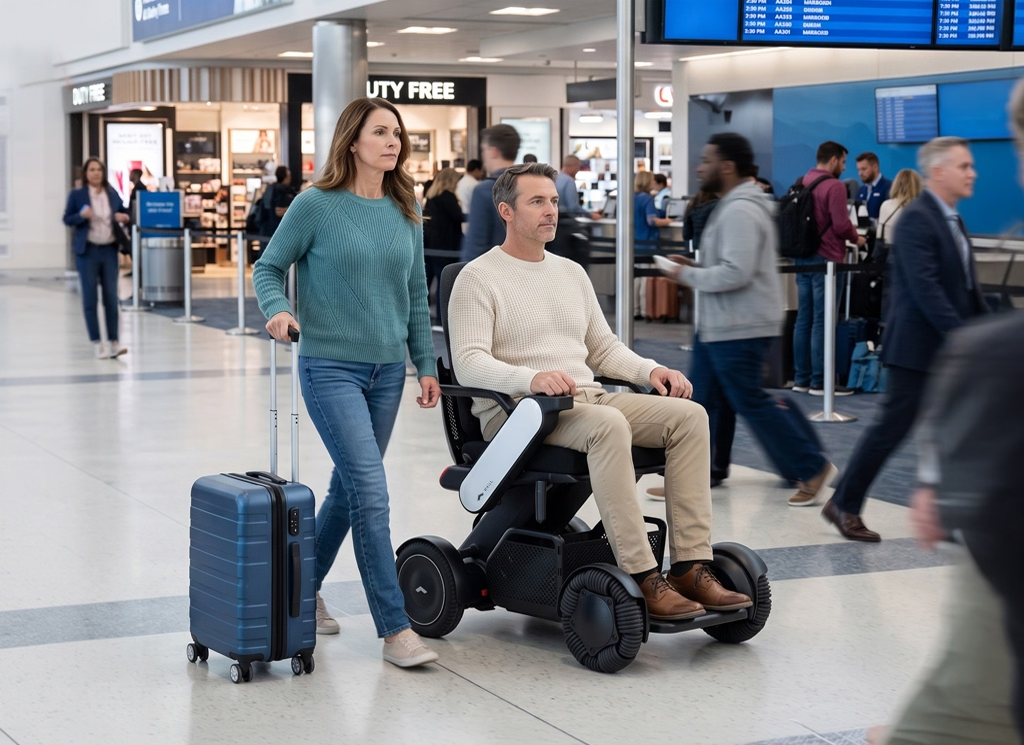 Man using a WHILL Model C2 High Back power wheelchair with white arm covers in an airport beside a companion