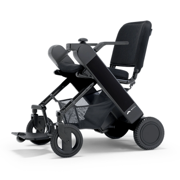 WHILL Model F folding power wheelchair with black arm covers, studio view